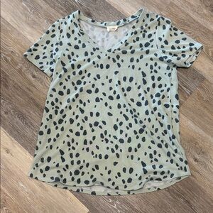 BiBi Sage Green V-Neck Short Sleeve Top with Black Leopard Spots